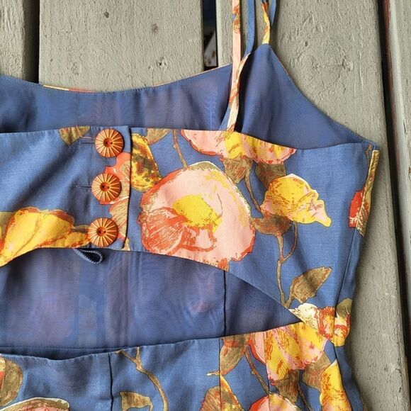 Anthro Maeve Peony Slip Dress Silk Blend Floral Strappy Open Back Blue Size 10 - Picture 9 of 13